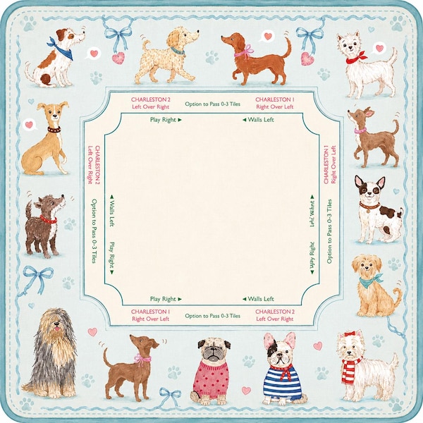 Dog Breeds Mahjong Mat, Puppy Game Table Runner, French Bulldog Terrier Dachshund