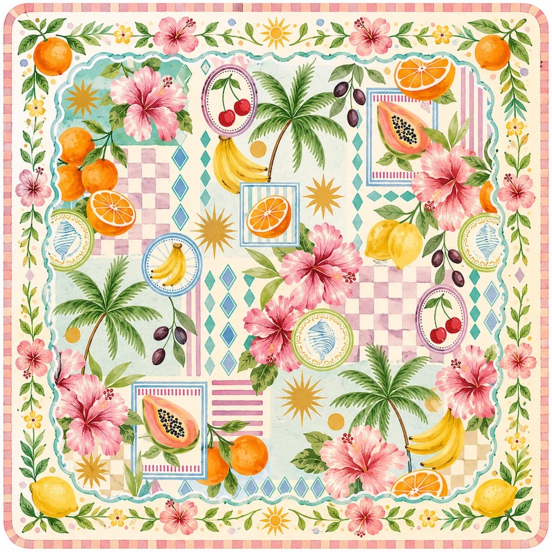 Pu&ograve; includere: Foulard quadrato a tema tropicale. Il design presenta arance, banane, ciliegie, papaya e fiori di ibisco. Il bordo &egrave; un motivo floreale con limoni e fiori rosa. Lo sfondo ha forme geometriche e una palette di colori chiari.