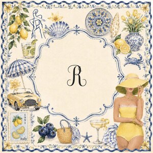May include: Watercolor illustration with a summer theme. Features lemons, a yellow convertible, a woman in a yellow swimsuit and hat, and a variety of beach-themed items. The image has a blue and white border and the letter "R".