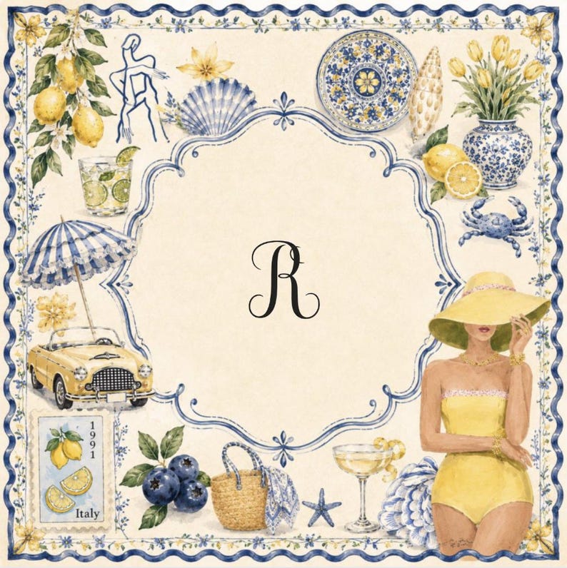 May include: Watercolor illustration with a summer theme. Features lemons, a yellow convertible, a woman in a yellow swimsuit and hat, and a variety of beach-themed items. The image has a blue and white border and the letter "R".