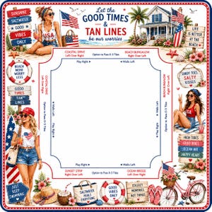 May include: A square board game mat featuring a beach theme with illustrations of people, a house, a bicycle, and signs with text including Let the GOOD TIMES & TAN LINES be our worries, Sunshine Saltwater Good Vibes Only, and Collect Memories.
