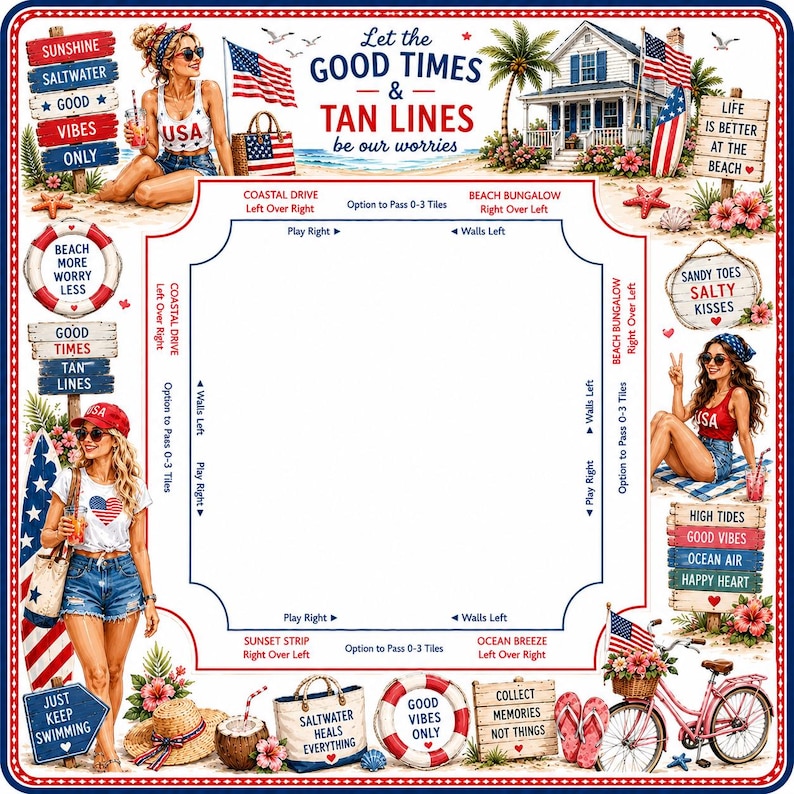 May include: A square board game mat featuring a beach theme with illustrations of people, a house, a bicycle, and signs with text including Let the GOOD TIMES & TAN LINES be our worries, Sunshine Saltwater Good Vibes Only, and Collect Memories.