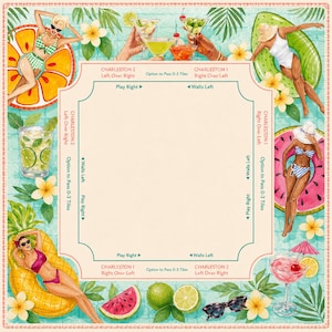 Op de afbeelding: Een kleurrijke illustratie in vintage stijl met een zomerthema. Het toont vrouwen in badpakken op opblaasbare drijvers, cocktails, fruit en tekst met de tekst "Charleston 1" en "Charleston 2". De achtergrond is lichtblauw met bloemen- en bladaccenten.