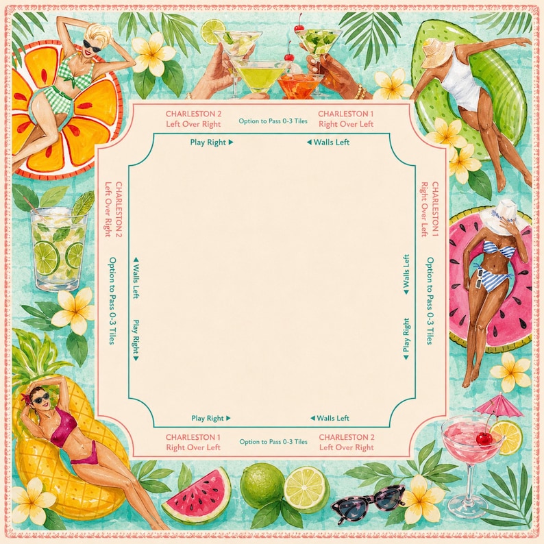 Op de afbeelding: Een kleurrijke illustratie in vintage stijl met een zomerthema. Het toont vrouwen in badpakken op opblaasbare drijvers, cocktails, fruit en tekst met de tekst "Charleston 1" en "Charleston 2". De achtergrond is lichtblauw met bloemen- en bladaccenten.