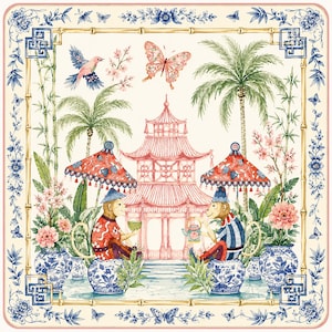 May include: A square decorative scarf featuring a central pink pagoda, two monkeys sitting on blue and white ceramic stools under red patterned umbrellas, palm trees, flowering branches, a butterfly, and a bird, framed by a bamboo border.
