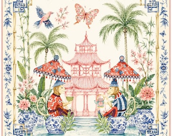 Chinoiserie Monkey Mahjong Mat, Pink Pagoda Garden Game Mat, Blue White Ginger Jar