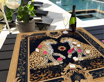 Leopard Mirror Mahjong Mat, Black Gold Ornate Game Table Decor, Personalized Mahjong Gift