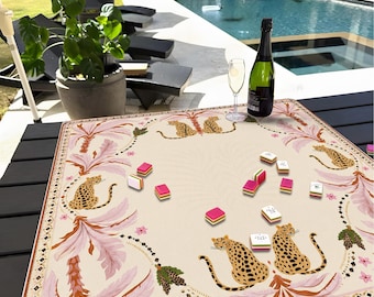Custom Pink Palm Tree Leopard Mahjong Mat, Grandmillennial Safari Game Cover