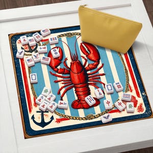 Vintage Lobster Mahjong Mat, Nautical Coastal Game Table Cover image 7