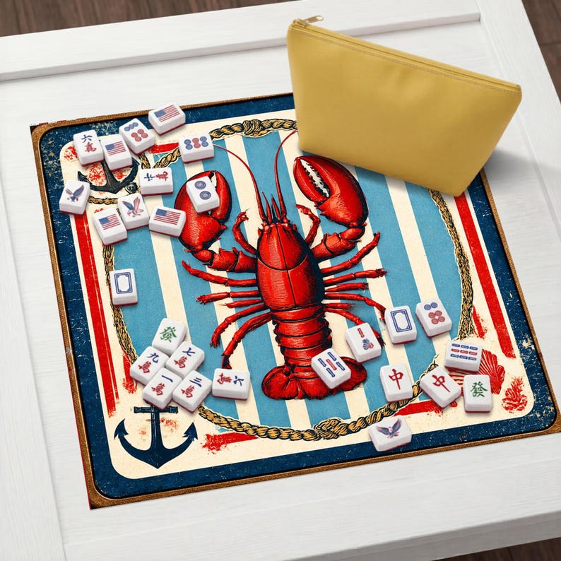 Vintage Lobster Mahjong Mat, Nautical Coastal Game Table Cover image 7