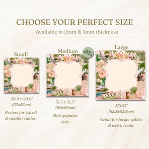 May include: Image showing three square decorative pieces with a tropical beach theme, available in small (20.9 x 20.9 inches), medium (31.5 x 31.5 inches), and large (33 x 33 inches) sizes. The text reads "CHOOSE YOUR PERFECT SIZE".