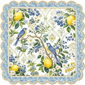 K&ouml;nnte beinhalten: Eine quadratische, dekorative Serviette mit gewelltem Rand, verziert mit einem Muster aus blauen V&ouml;geln, gelben Zitronen und dunkelblauen Beeren auf wei&szlig;em Grund, umrahmt von einer hellblauen Blumenbord&uuml;re und einer goldenen Kordel.