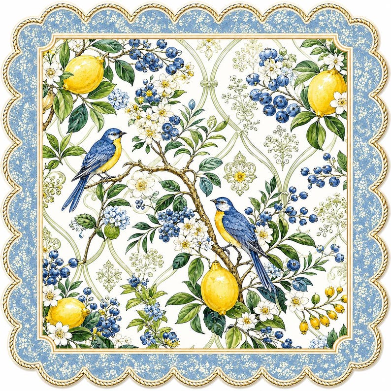 K&ouml;nnte beinhalten: Eine quadratische, dekorative Serviette mit gewelltem Rand, verziert mit einem Muster aus blauen V&ouml;geln, gelben Zitronen und dunkelblauen Beeren auf wei&szlig;em Grund, umrahmt von einer hellblauen Blumenbord&uuml;re und einer goldenen Kordel.