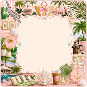 May include: A decorative digital collage with a tropical theme. It features a pink and white striped background, palm trees, a leopard, a straw bag with a pink bow, and a coffee drink. Seashells and coral are also included.