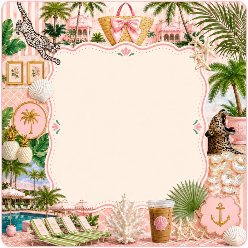 May include: A decorative digital collage with a tropical theme. It features a pink and white striped background, palm trees, a leopard, a straw bag with a pink bow, and a coffee drink. Seashells and coral are also included.