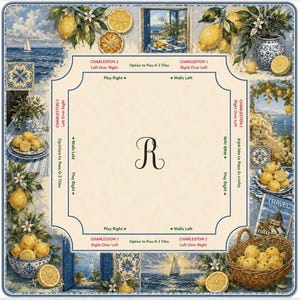 May include: A decorative square board featuring a lemon and coastal theme. The board has a central monogram and is surrounded by images of lemons, coastal scenes, and text that reads "Charleston". The color palette includes blue, yellow, and white.
