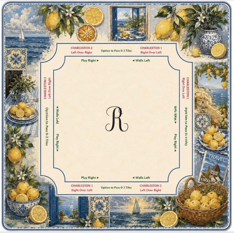 May include: A decorative square board featuring a lemon and coastal theme. The board has a central monogram and is surrounded by images of lemons, coastal scenes, and text that reads "Charleston". The color palette includes blue, yellow, and white.