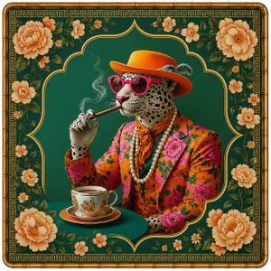 Könnte beinhalten: Ein quadratischer Wandkunstdruck mit einem Leoparden in menschlicher Haltung, der einen orangefarbenen Fedora, eine leuchtend rosa Sonnenbrille, eine Perlenkette und einen orangefarbenen Blumenblazer trägt. Der Leopard hält eine Zigarre mit Rauch.