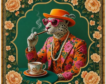 Leopard Mahjong Mat, Pink Floral Cheetah Game Table, Maximalist Palm Beach Decor