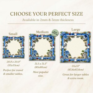 May include: Image showing three sizes of decorative table mats with a coastal theme. The mats are square, with dimensions of 20.9 x 20.9 inches, 31.5 x 31.5 inches, and 33 x 33 inches. Each mat features a blue border with houses and flowers.