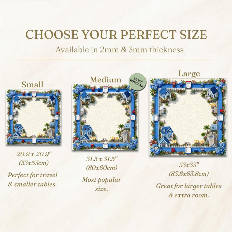 May include: Image showing three sizes of decorative table mats with a coastal theme. The mats are square, with dimensions of 20.9 x 20.9 inches, 31.5 x 31.5 inches, and 33 x 33 inches. Each mat features a blue border with houses and flowers.