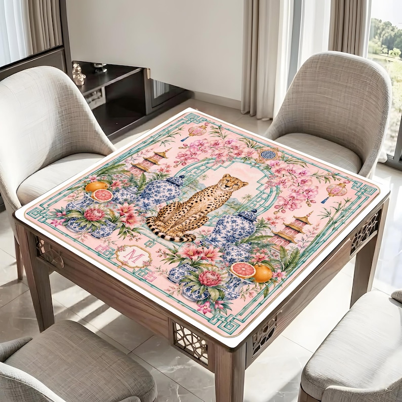 Rosa Chinoiserie Cheetah Mahjongmatta, Ginger Burk Spelbordsdekoration bild 6