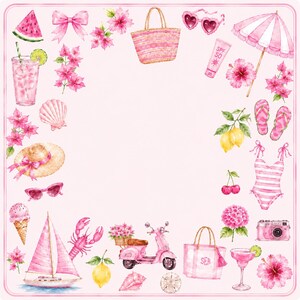 Puede incluir: Un marco cuadrado compuesto por ilustraciones en acuarela con elementos rosas y veraniegos, incluyendo un velero, un scooter, un bolso de rayas, un traje de ba&ntilde;o, chanclas, una sombrilla, gafas de sol, un sombrero, flores y varios alimentos.