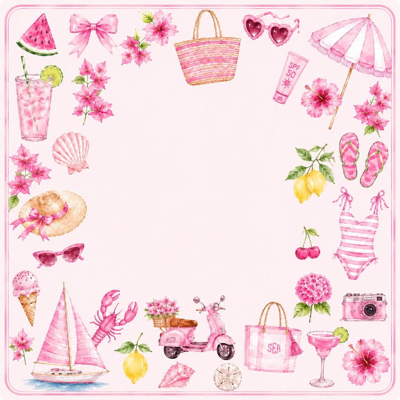 Puede incluir: Un marco cuadrado compuesto por ilustraciones en acuarela con elementos rosas y veraniegos, incluyendo un velero, un scooter, un bolso de rayas, un traje de ba&ntilde;o, chanclas, una sombrilla, gafas de sol, un sombrero, flores y varios alimentos.