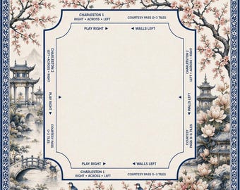 Chinoiserie Mahjong Mat, Blue White Asian Garden Landscape, Personalized Game Surface