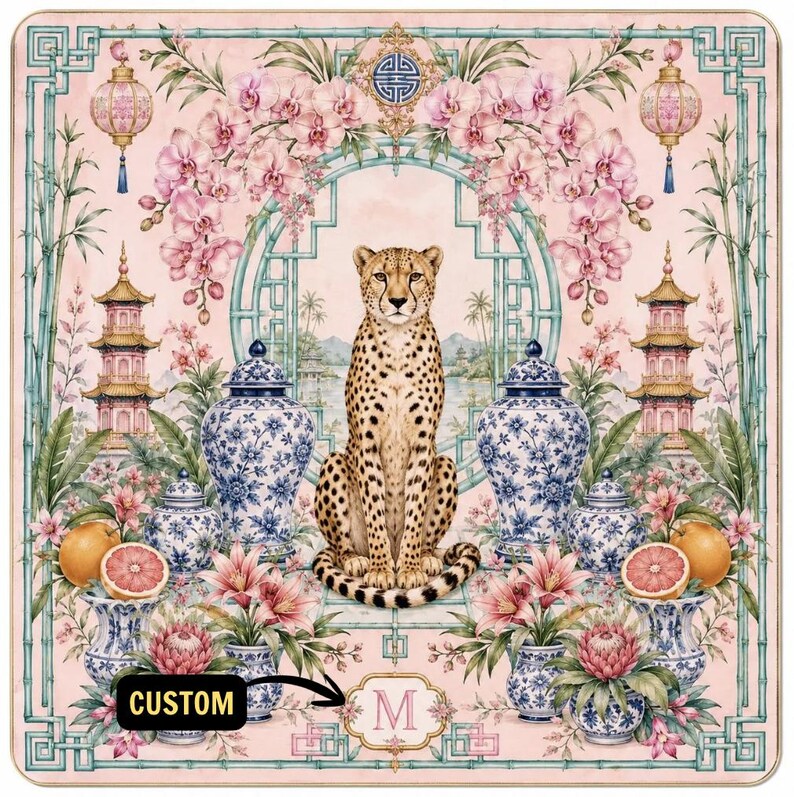 Rosa Chinoiserie Cheetah Mahjongmatta, Ginger Burk Spelbordsdekoration bild 3