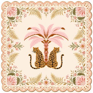 May include: A square decorative napkin with a scalloped edge featuring a cream background, two spotted leopards sitting back-to-back under a pink palm tree, and a floral border with pink flowers and green palm fronds in each corner.