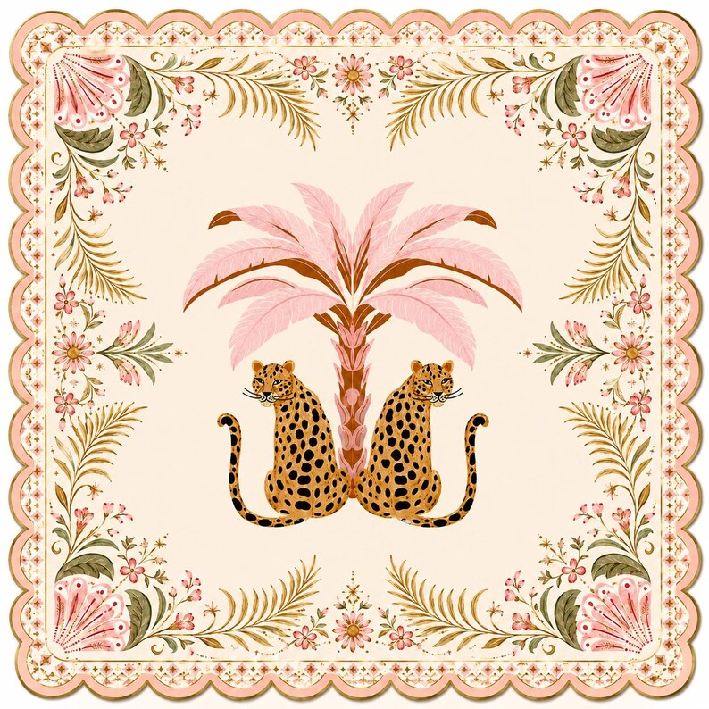 May include: A square decorative napkin with a scalloped edge featuring a cream background, two spotted leopards sitting back-to-back under a pink palm tree, and a floral border with pink flowers and green palm fronds in each corner.