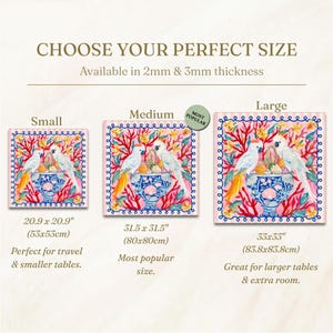 May include: Square decorative art featuring two white cockatoos, a blue vase, and coral reef elements. Available in three sizes: 20.9 x 20.9 inches, 31.5 x 31.5 inches, and 33 x 33 inches. The text reads "Choose Your Perfect Size."