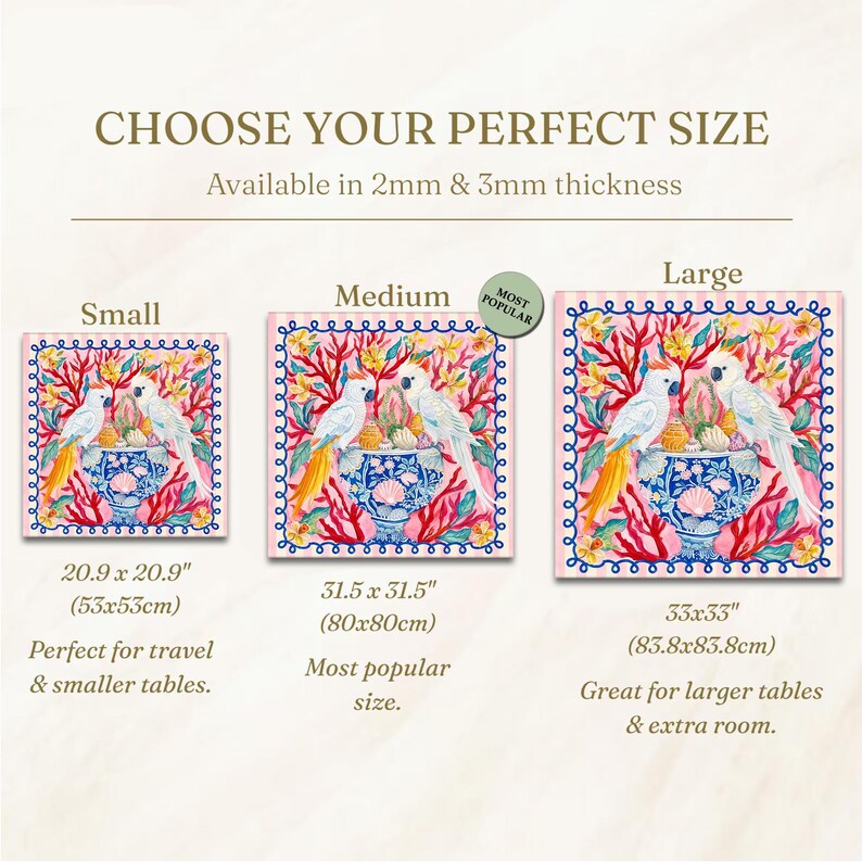 May include: Square decorative art featuring two white cockatoos, a blue vase, and coral reef elements. Available in three sizes: 20.9 x 20.9 inches, 31.5 x 31.5 inches, and 33 x 33 inches. The text reads "Choose Your Perfect Size."