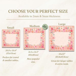May include: A size guide for square mats featuring a pink tropical floral border with palm trees. Three sizes are shown: small at 20.9 x 20.9 inches, medium at 31.5 x 31.5 inches, and large at 33 x 33 inches. Available in 2mm and 3mm thickness.
