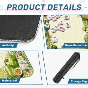 Puede incluir: Imagen que muestra los detalles del producto. Incluye una superficie antideslizante, reducci&oacute;n de ruido y dise&ntilde;o impermeable. Tambi&eacute;n se muestra una bolsa de almacenamiento. El texto "PRODUCT DETAILS" est&aacute; en la parte superior.