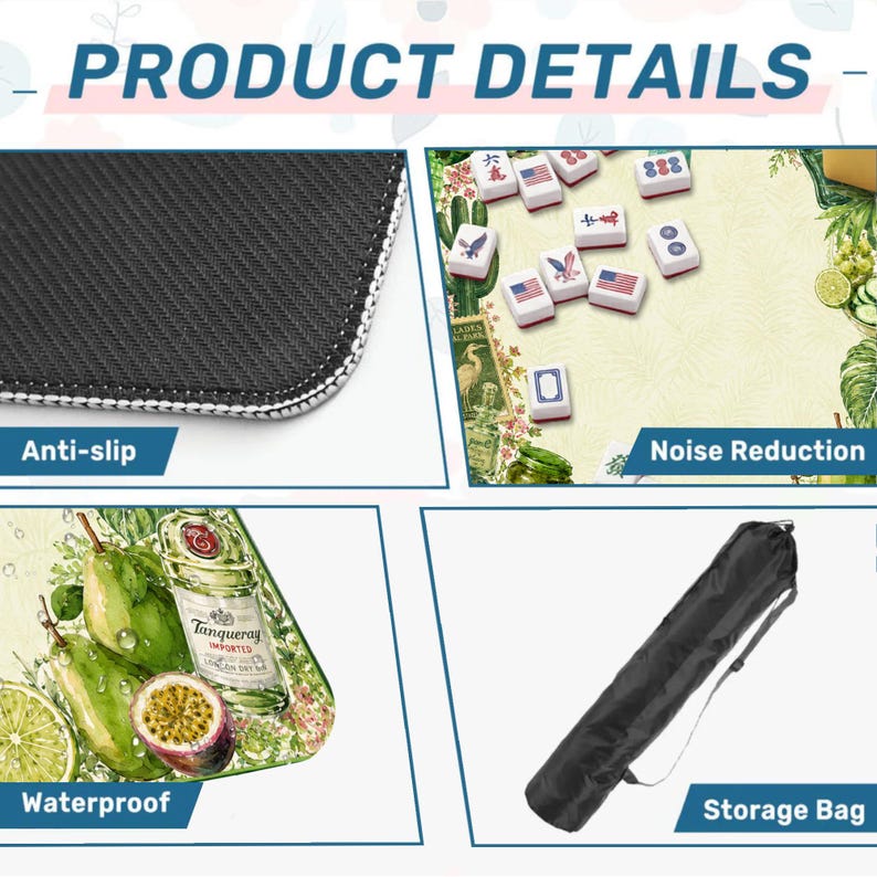 Puede incluir: Imagen que muestra los detalles del producto. Incluye una superficie antideslizante, reducci&oacute;n de ruido y dise&ntilde;o impermeable. Tambi&eacute;n se muestra una bolsa de almacenamiento. El texto "PRODUCT DETAILS" est&aacute; en la parte superior.