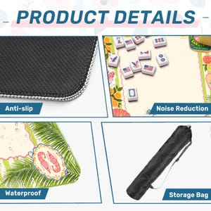 May include: Product details image showing a black anti-slip mat, a mahjong game with tiles, a waterproof design, and a black storage bag. The image includes the text "PRODUCT DETAILS", "Anti-slip", "Noise Reduction", "Waterproof", and "Storage Bag".