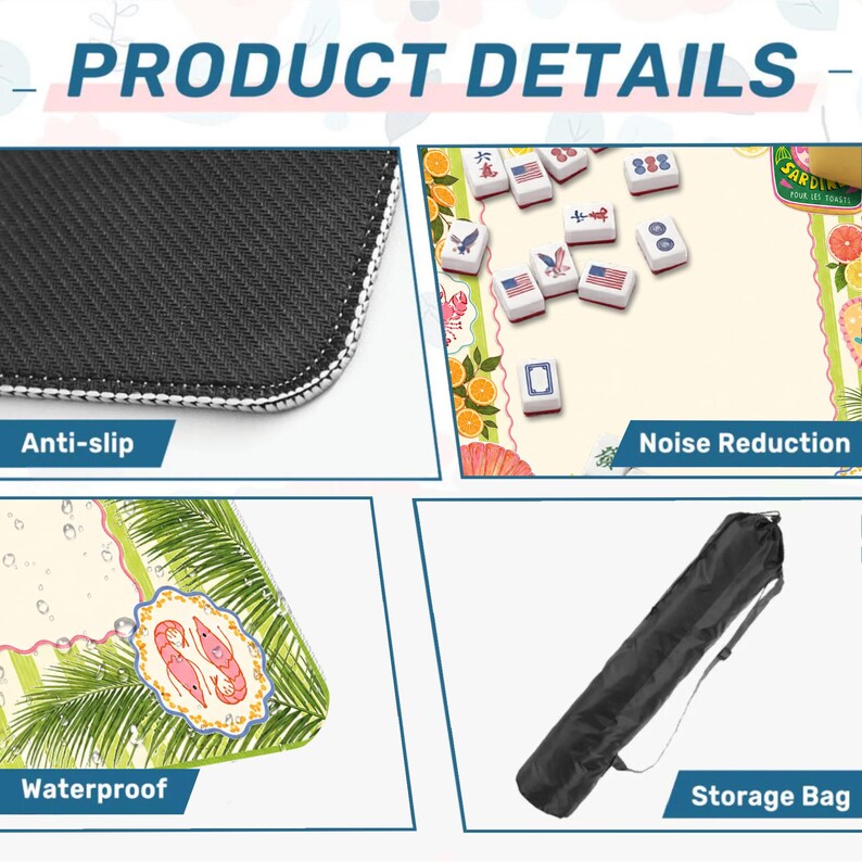 May include: Product details image showing a black anti-slip mat, a mahjong game with tiles, a waterproof design, and a black storage bag. The image includes the text "PRODUCT DETAILS", "Anti-slip", "Noise Reduction", "Waterproof", and "Storage Bag".