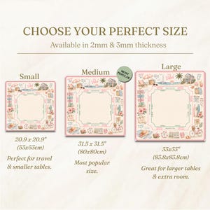 May include: A square table cover featuring a beach-themed border with illustrations of surfboards, bicycles, and flowers. Three sizes are shown: small at 53 x 53 cm, medium at 80 x 80 cm, and large at 83.8 x 83.8 cm, with 2mm and 3mm thickness options.