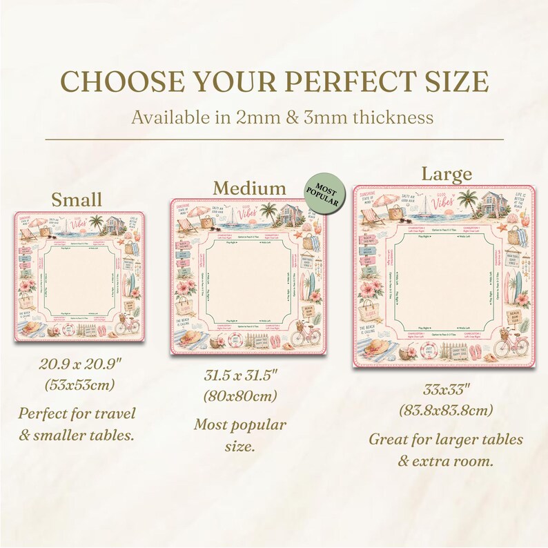 May include: A square table cover featuring a beach-themed border with illustrations of surfboards, bicycles, and flowers. Three sizes are shown: small at 53 x 53 cm, medium at 80 x 80 cm, and large at 83.8 x 83.8 cm, with 2mm and 3mm thickness options.