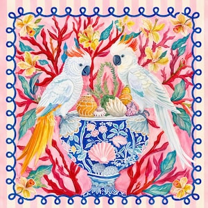 May include: A watercolor illustration features two white cockatoos perched on a blue and white decorative vase filled with seashells and a small orange jar. The background is pink with red coral and yellow flowers.