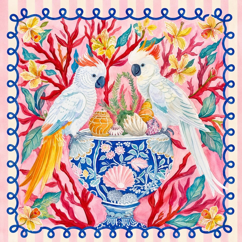 May include: A watercolor illustration features two white cockatoos perched on a blue and white decorative vase filled with seashells and a small orange jar. The background is pink with red coral and yellow flowers.
