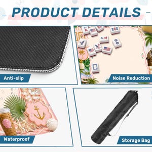 May include: Product details image with close-ups of a black anti-slip surface, Mahjong tiles, a waterproof case with a seashell and anchor design, and a black storage bag.