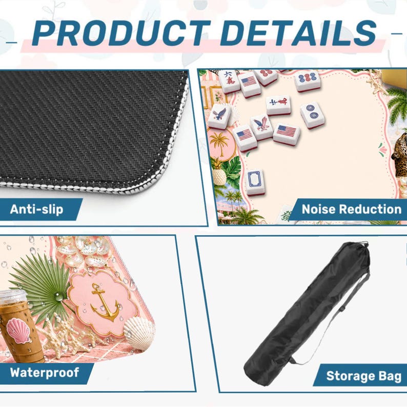 May include: Product details image with close-ups of a black anti-slip surface, Mahjong tiles, a waterproof case with a seashell and anchor design, and a black storage bag.