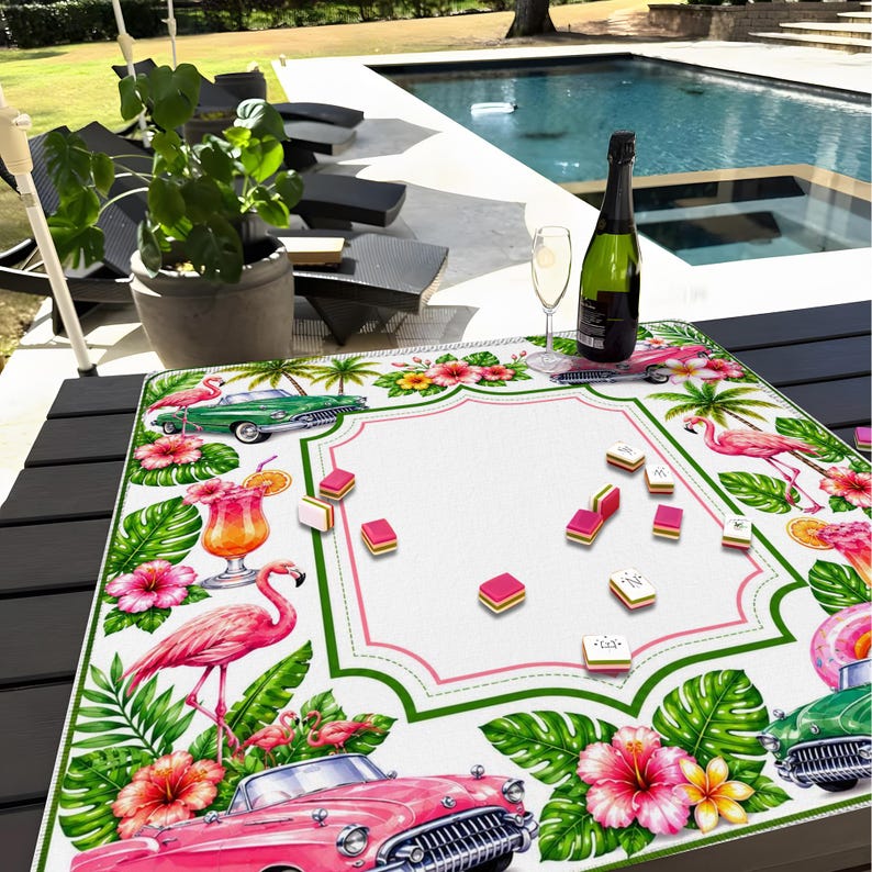 Tappetino da Mahjong con fenicotteri tropicali, decorazione retrò per tavolo da cocktail, accessorio per feste a tema costiero immagine 4