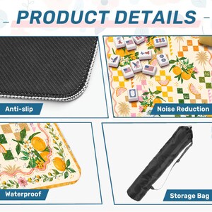 May include: A detailed product image showcasing a mahjong set. The set includes a patterned mat with orange and floral designs, tiles, and a black storage bag. Features include anti-slip, noise reduction, and waterproof properties. The text "PRODUCT DETAILS" is at the top.