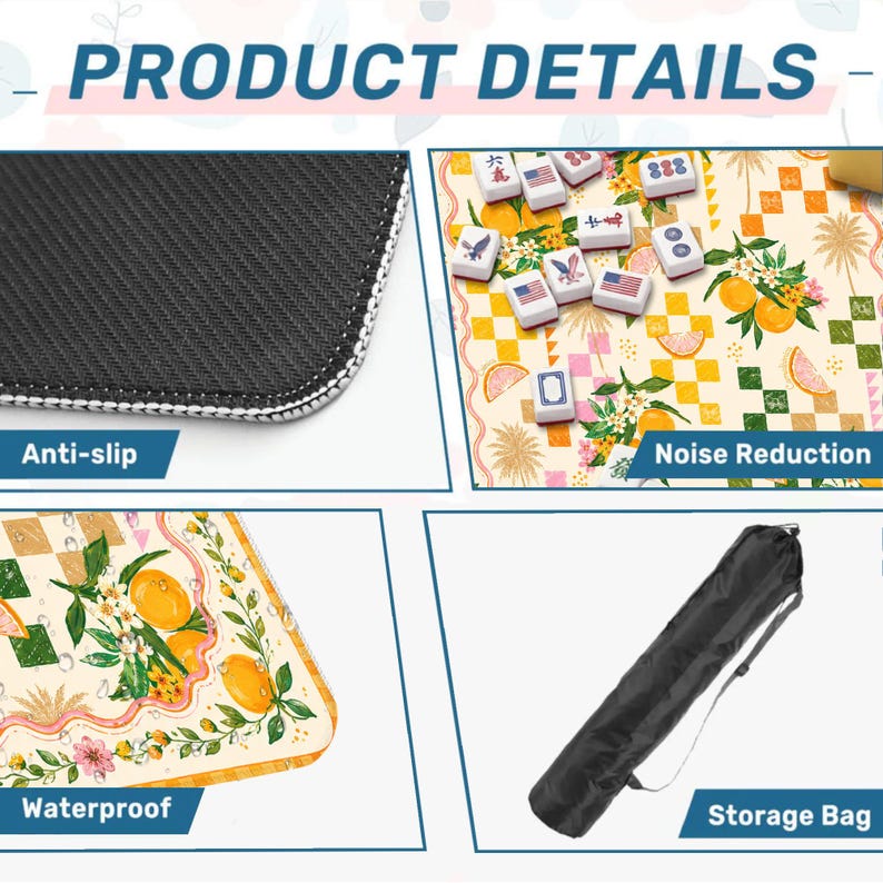 May include: A detailed product image showcasing a mahjong set. The set includes a patterned mat with orange and floral designs, tiles, and a black storage bag. Features include anti-slip, noise reduction, and waterproof properties. The text "PRODUCT DETAILS" is at the top.