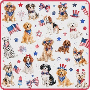May include: A white fabric featuring a repeating watercolor pattern of various dog breeds wearing patriotic accessories like American flag bandanas, heart-shaped flag sunglasses, and top hats, interspersed with American flags, fireworks, and stars.