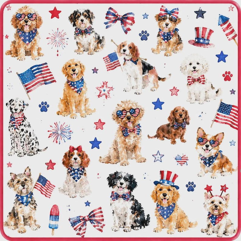 May include: A white fabric featuring a repeating watercolor pattern of various dog breeds wearing patriotic accessories like American flag bandanas, heart-shaped flag sunglasses, and top hats, interspersed with American flags, fireworks, and stars.